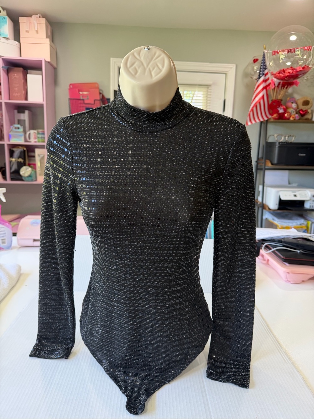 iris Black Sparkle Mock-Neck Long Sleeve Bodysuit